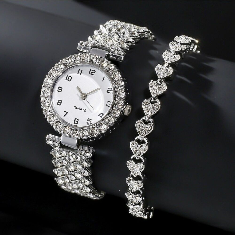 Fashion Jewelry 2pcs Luxury Fashion Women Watch Set Silver Strap Ladies Quartz W